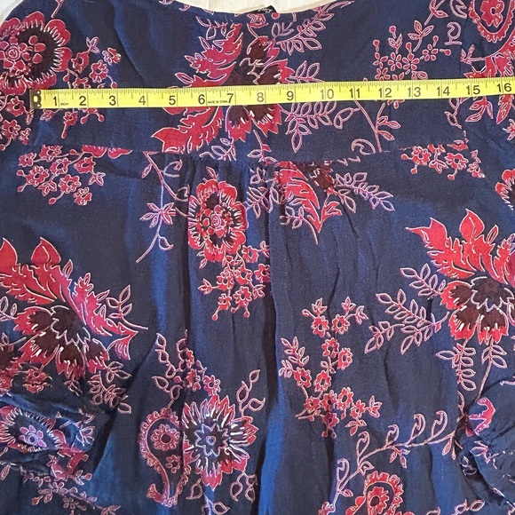 Lucky Brand Long Sleeve Tie Tassel Red & Navy Floral Blouse Boho Women’s Large - Picture 15 of 15